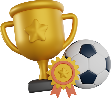3D Trophy cup and soccer ball. 1st place award. Football game and gold reward. 3D Trophy cup with soccer ball